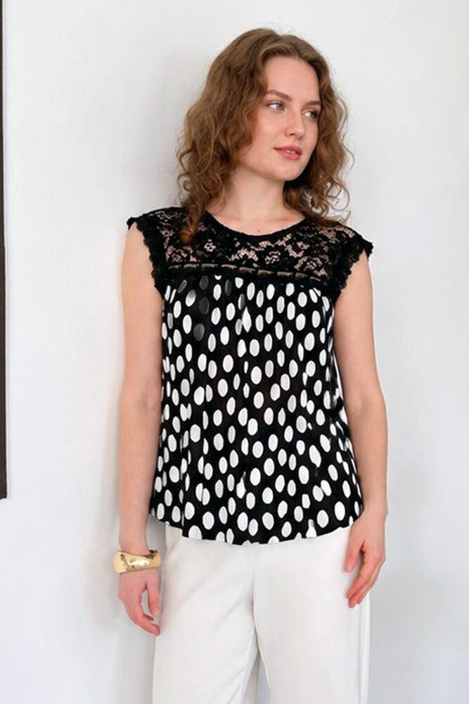 top noir a pois avec dentelle col rond image 1