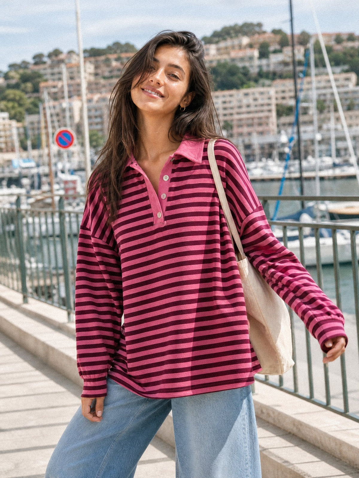 Polo rayé manches longues rose