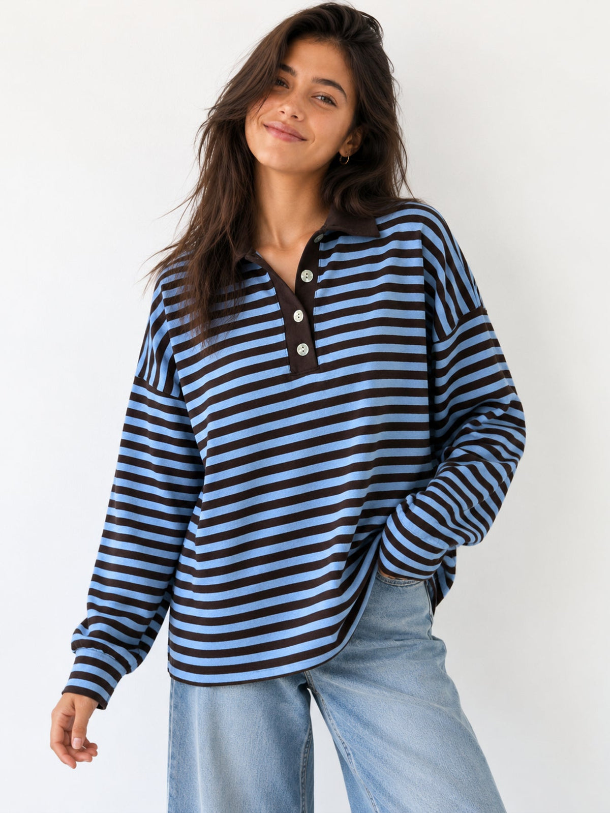 Polo rayé manches longues bleu