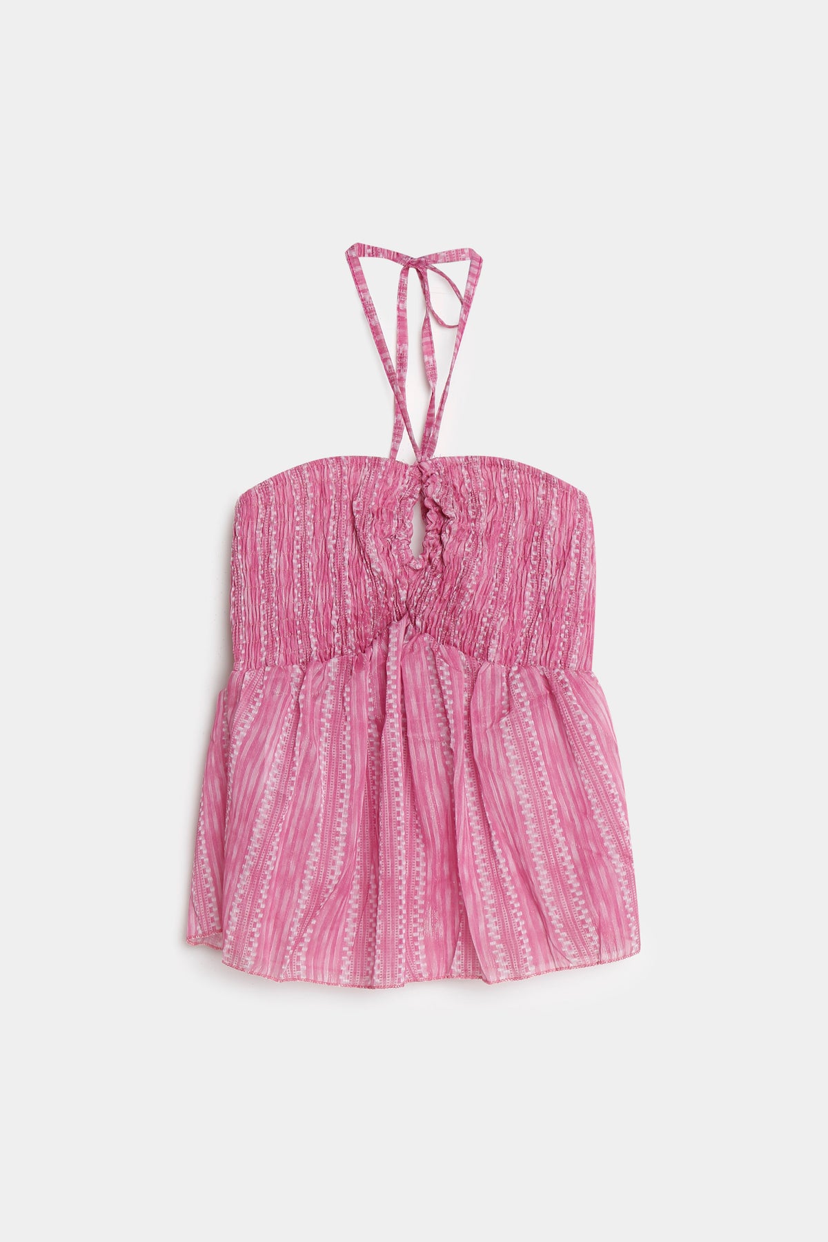 Top rose rayé smocké à bas péplum, vue produit de face