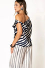 Navy and White Striped Satin Asymmetrical Top - Chic One Shoulder Top - XS