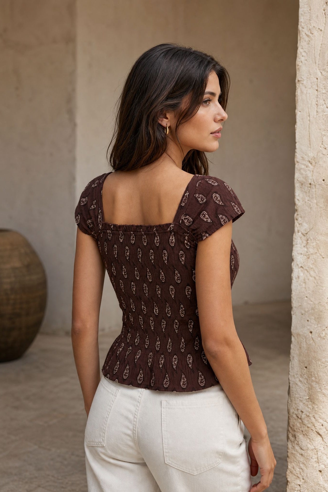 Top smocké à encolure carrée motif cachemire