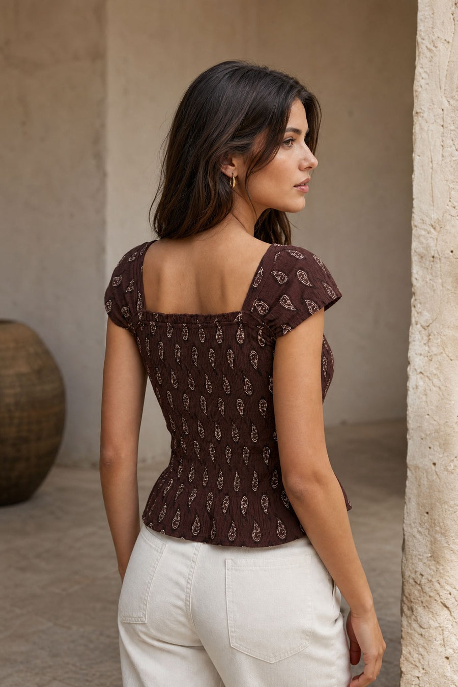 Top smocké à encolure carrée motif cachemire