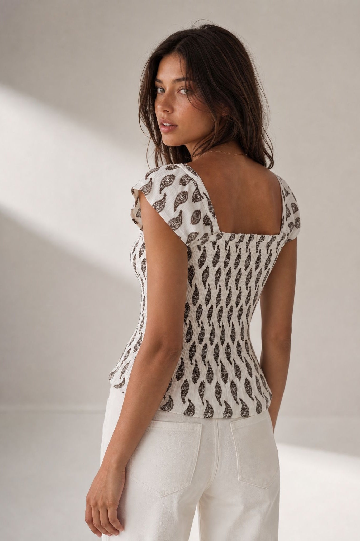 Top smocké à encolure carrée motif cachemire