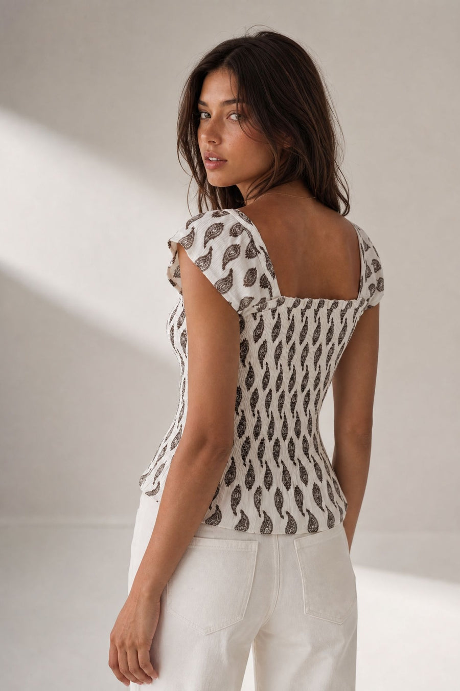 Top smocké à encolure carrée motif cachemire