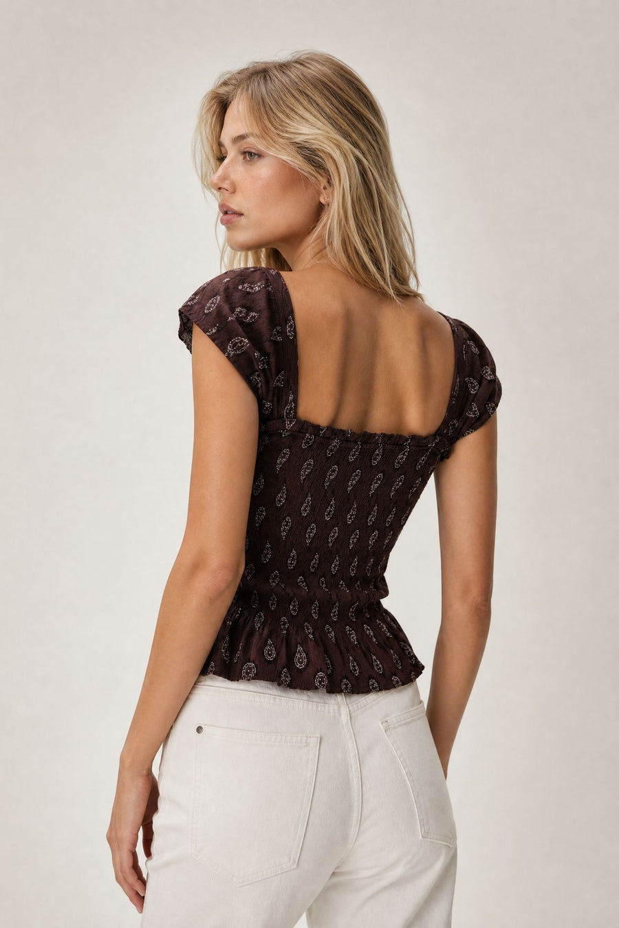 Top smocké à encolure carrée motif cachemire