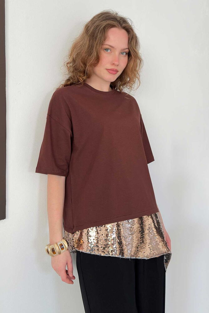 top13828 chemisier brun a paillettes manches mi longues image 1
