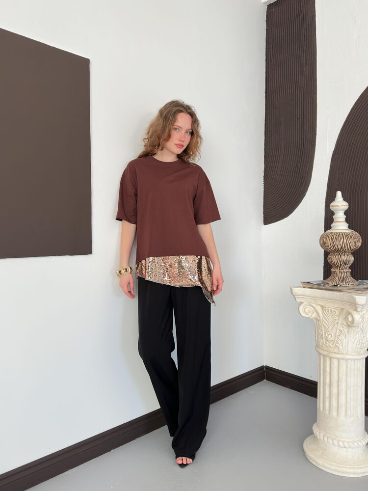 top13828 chemisier brun a paillettes manches mi longues image 2