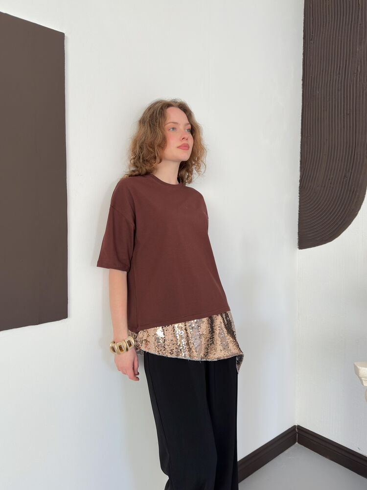 top13828 chemisier brun a paillettes manches mi longues image 3