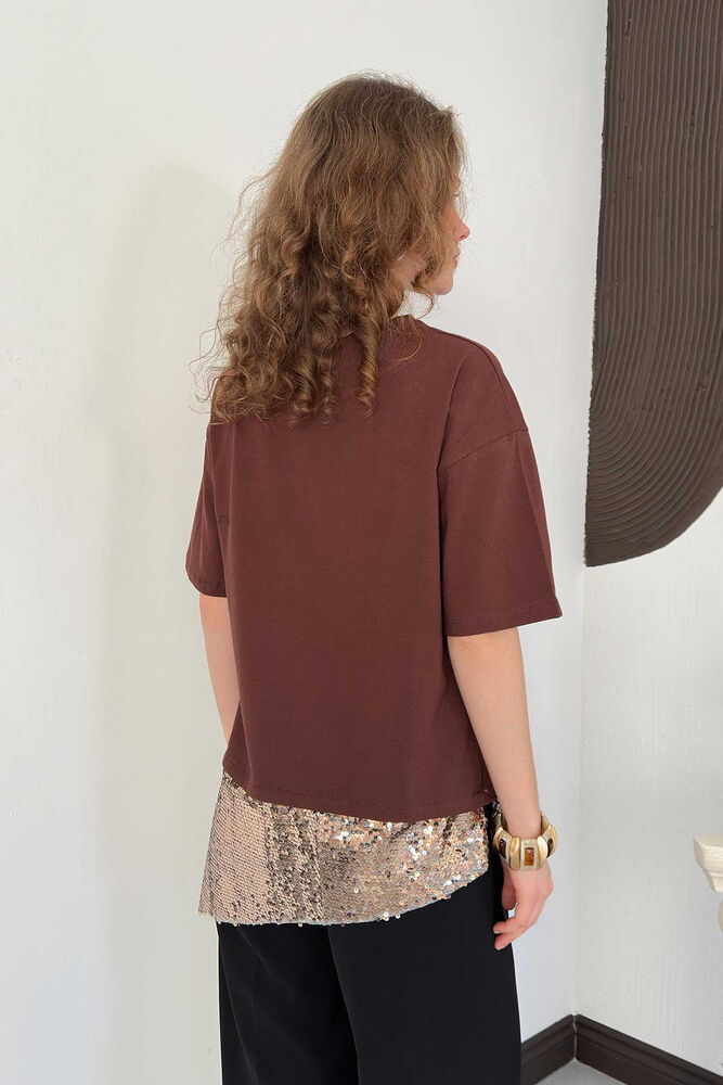 top13828 chemisier brun a paillettes manches mi longues image 4