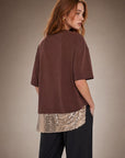 Top T shirt brun à ourlet pailleté