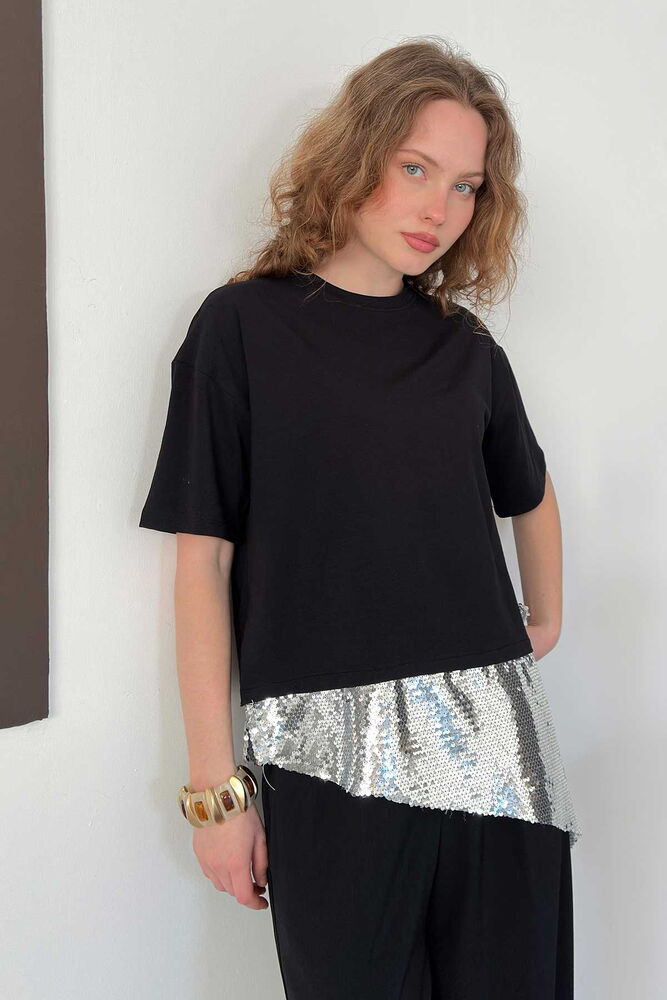 top13824 chemisier noir a paillettes a manches mi longues image 1