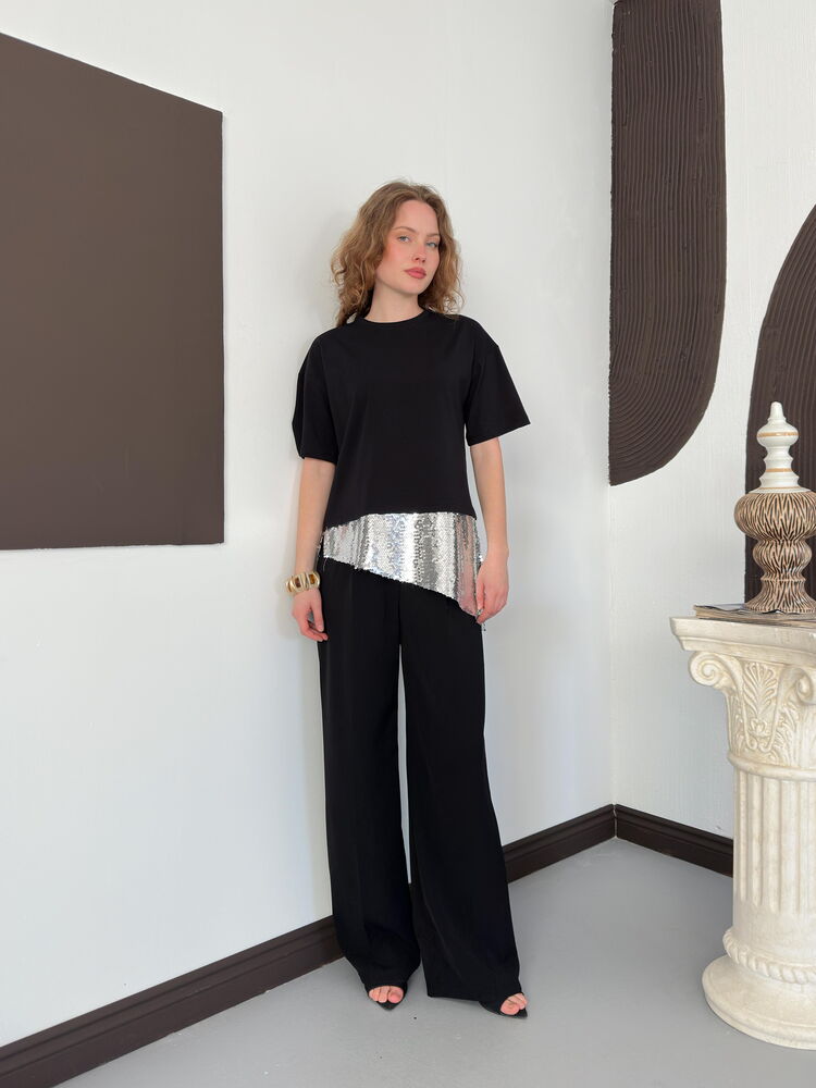 top13824 chemisier noir a paillettes a manches mi longues image 3