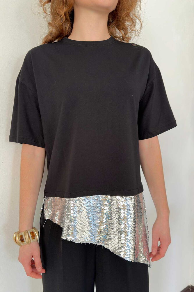 top13824 chemisier noir a paillettes a manches mi longues image 4