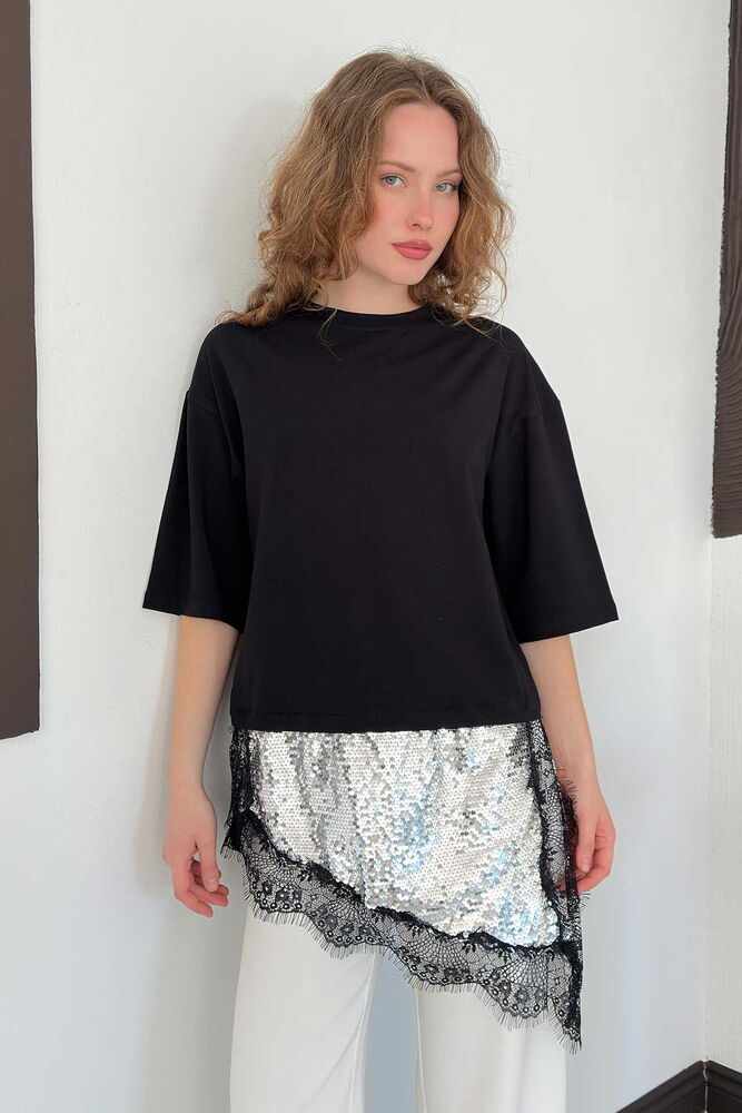 top13819 chemisier noir a paillettes a demi manches image 1