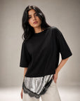 Top T shirt noir oversize paillettes et dentelle