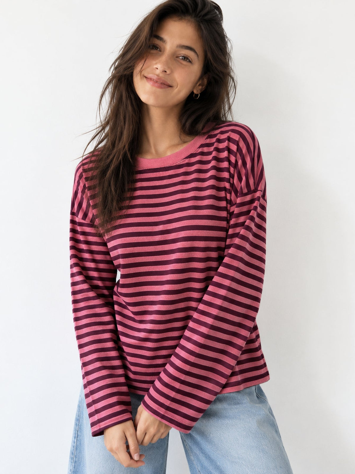 T shirt rayé bordeaux manches longues