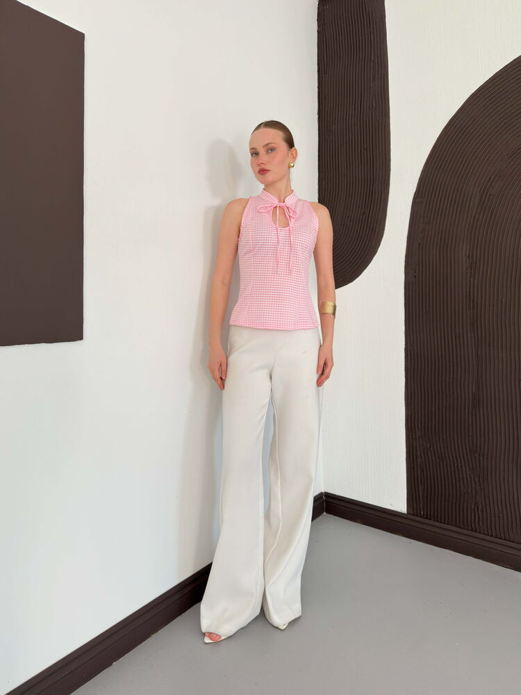 top13872 chemisier ajuste rose a damier avec col en trou de serrure image 3
