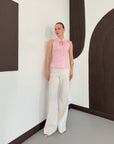 top13872 chemisier ajuste rose a damier avec col en trou de serrure image 3