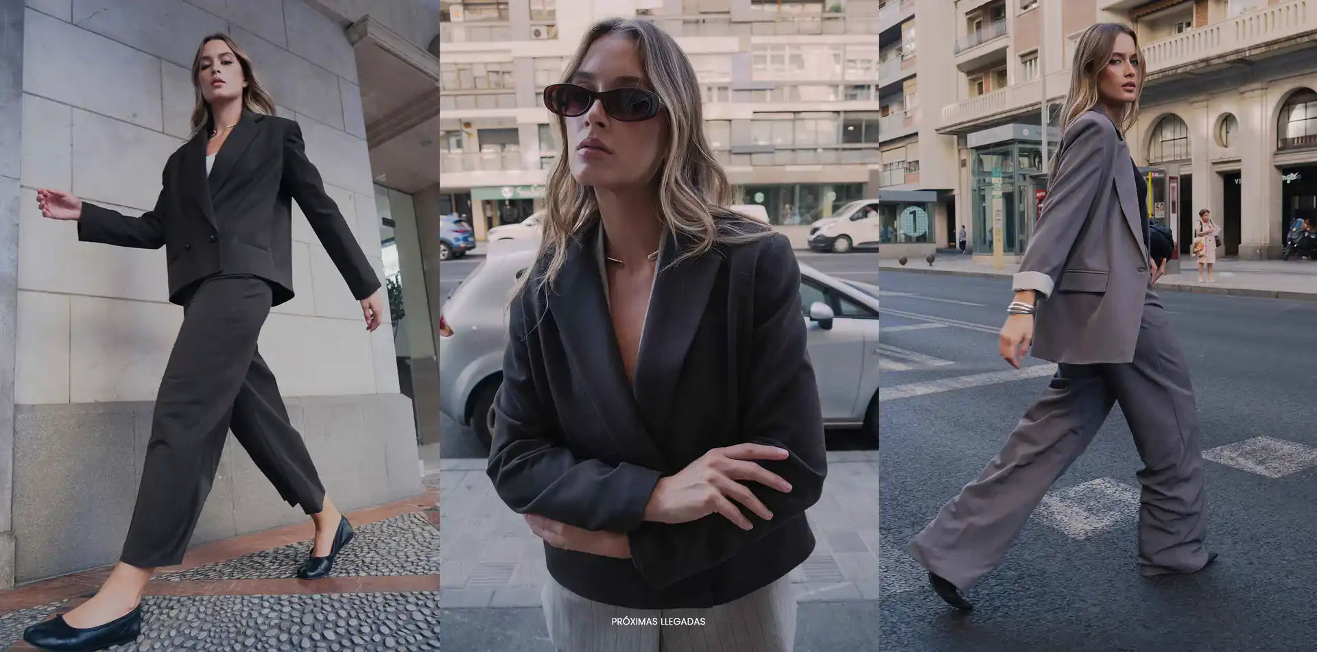 Trois femmes portant différents tailleurs gris et blazers.