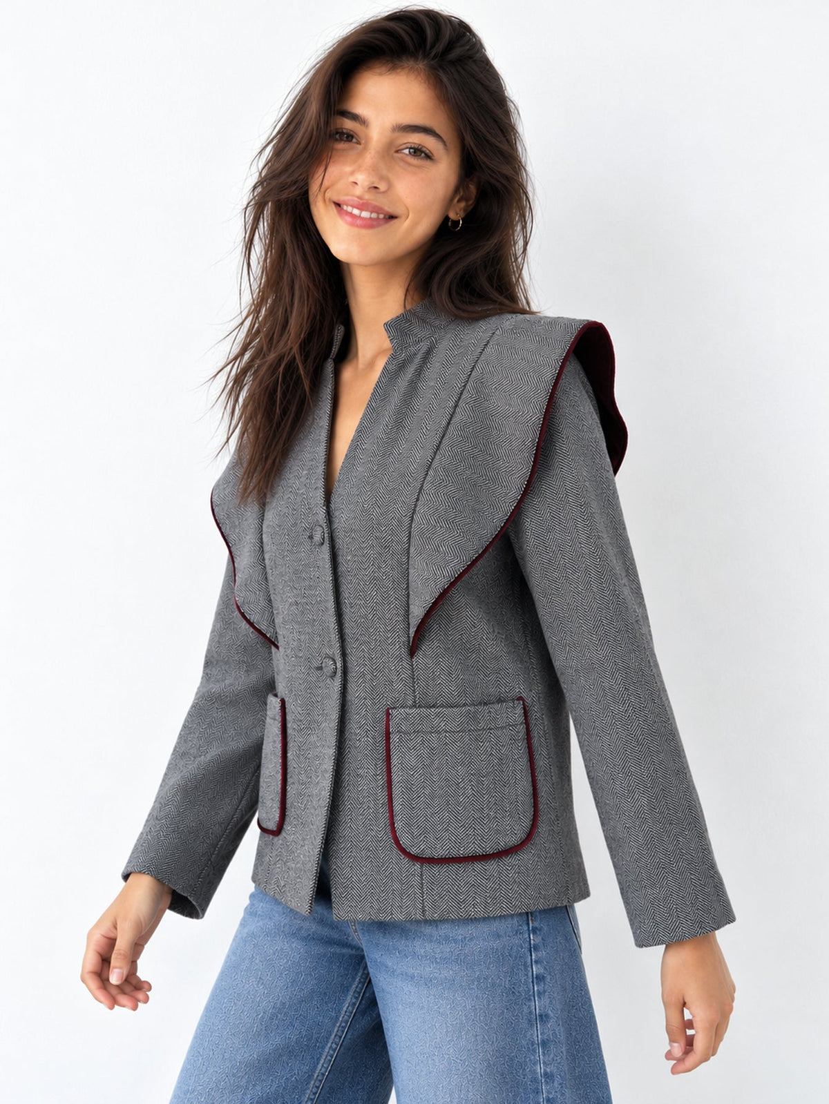 Veste à volants à chevrons grise profil