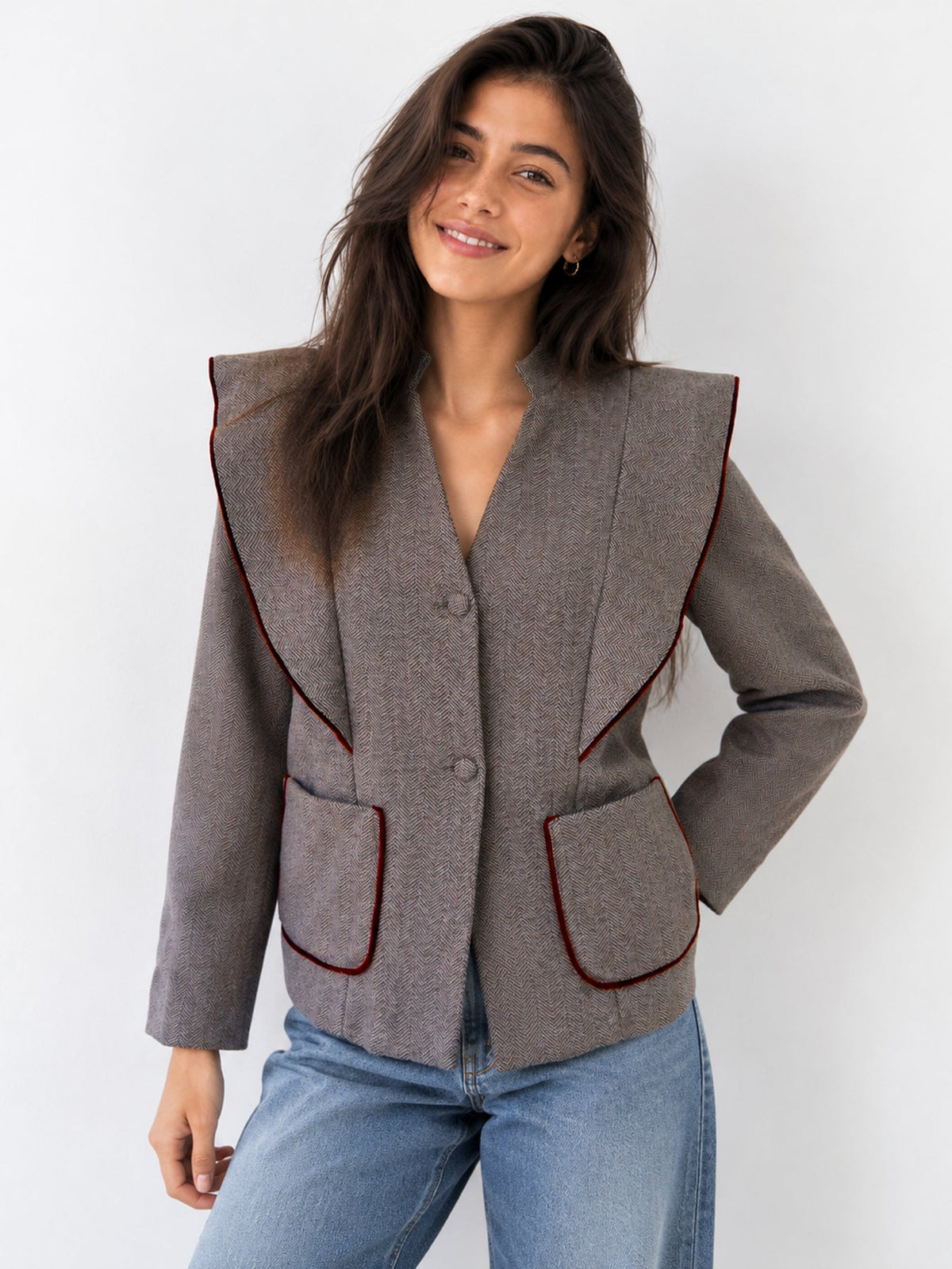 Veste à volants à chevrons marron face
