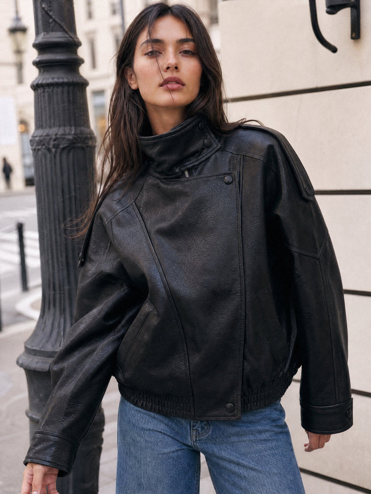 Blouson biker noir à col montant