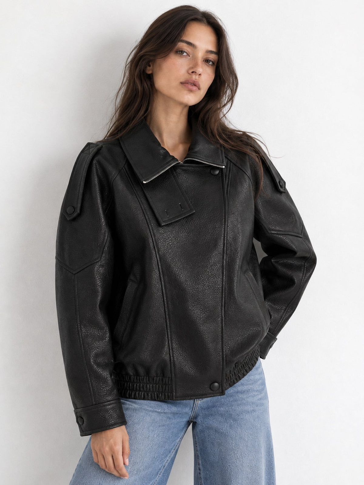 Blouson biker noir face col ouvert