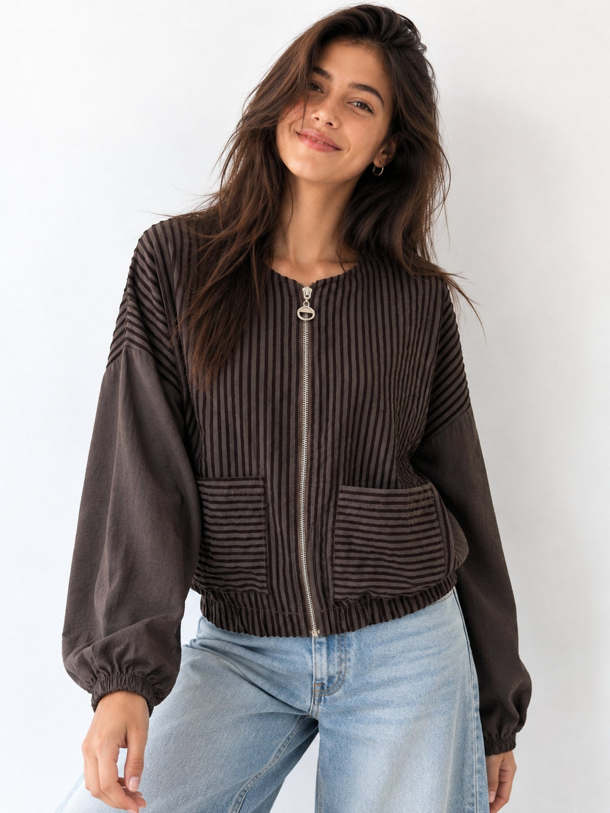Veste zippée à rayures marron