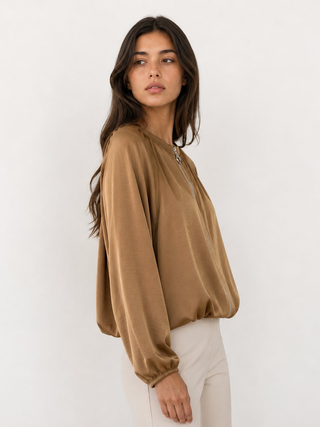 veste bomber satinée camel face