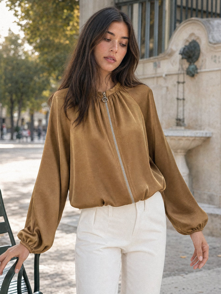 veste bomber satinée camel manches ballon