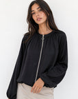 veste bomber satinée noire ourlet élastiqué