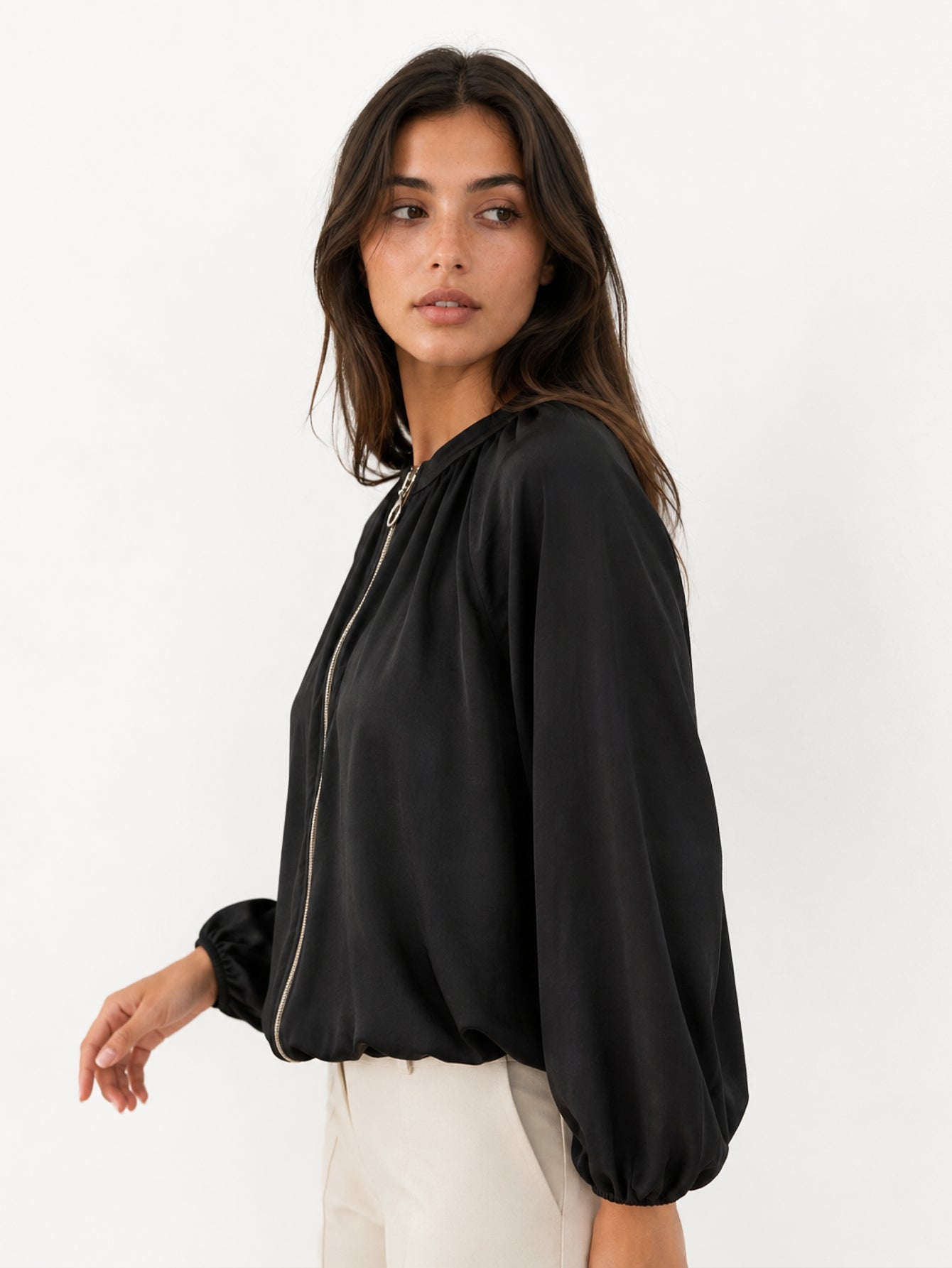 veste bomber satinée noire col rond