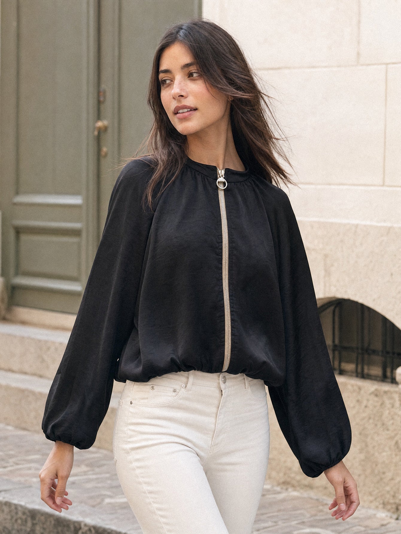 veste bomber satinée noire zip anneau