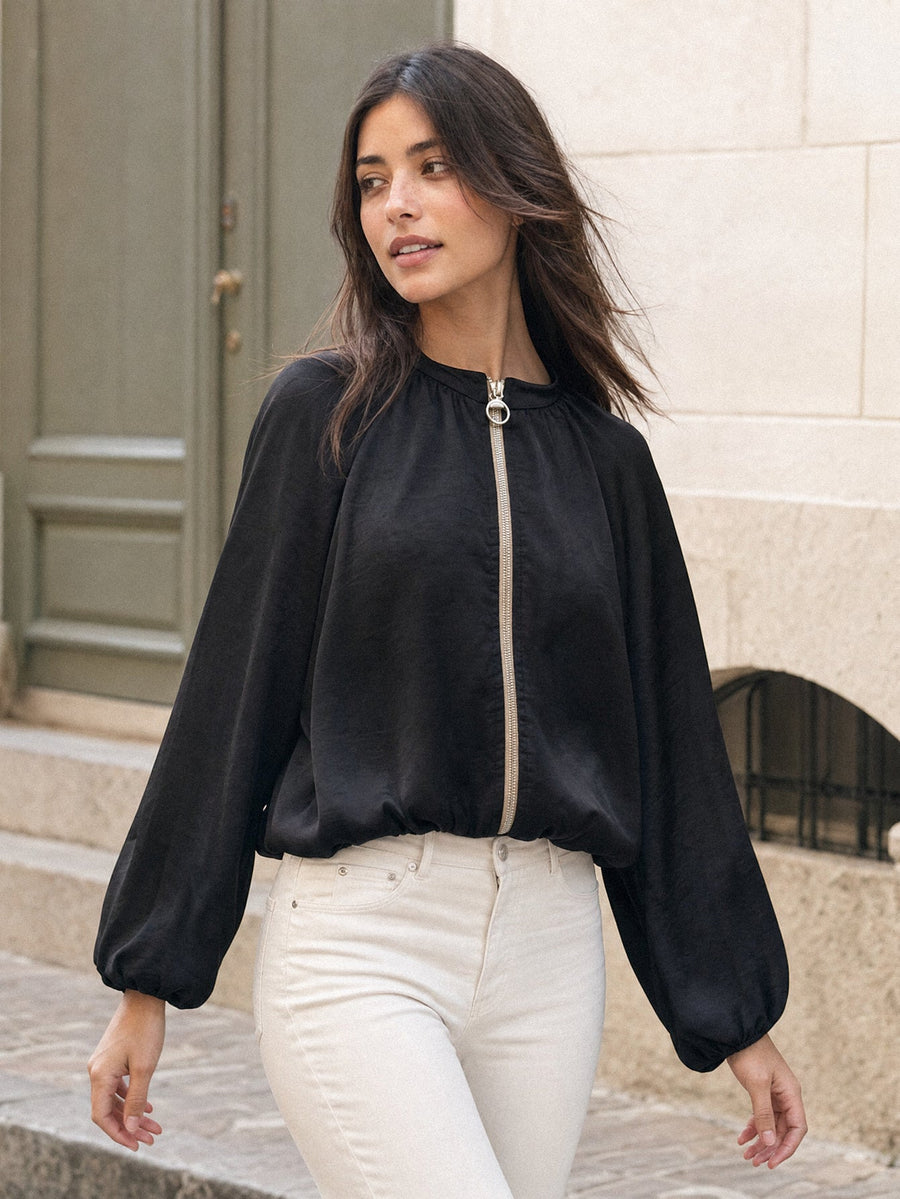 veste bomber satinée noire zip anneau