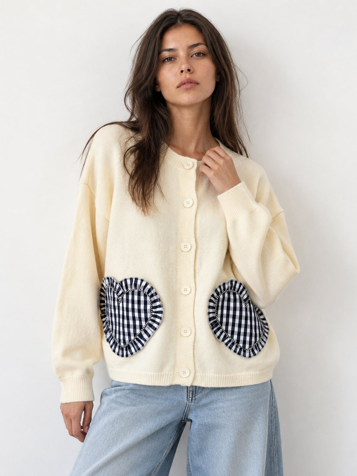 Cardigan en maille écru avec poches cœur vichy