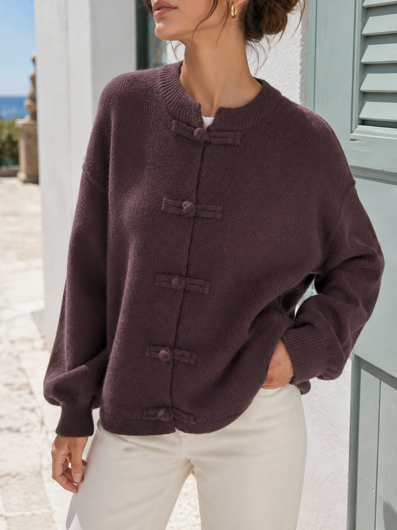 Cardigan bords côtes prune