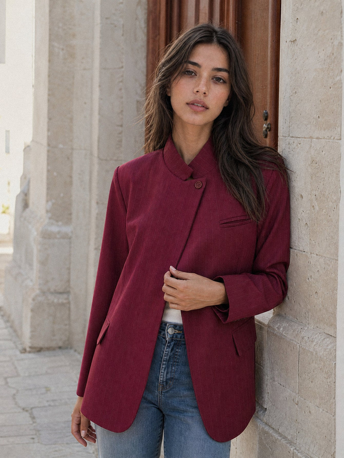 veste col officier bordeaux rayée extérieur