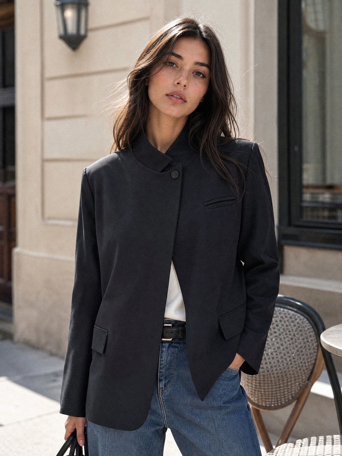 veste col officier bleu nuit unie fermeture asymétrique