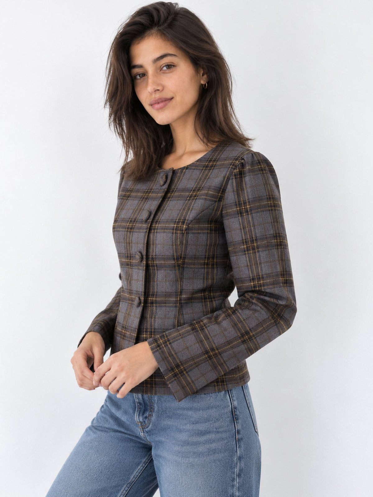 Veste à carreaux profil col rond
