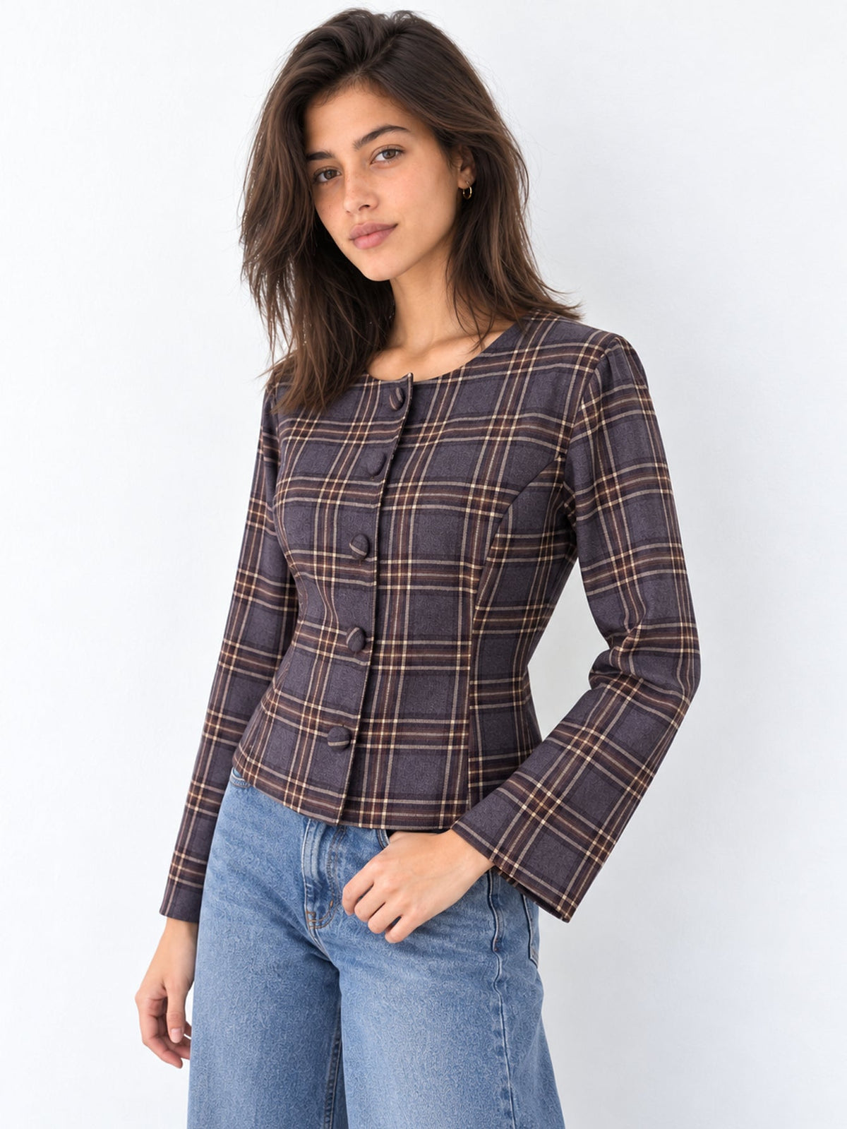Veste bordeaux à carreaux vue de profil