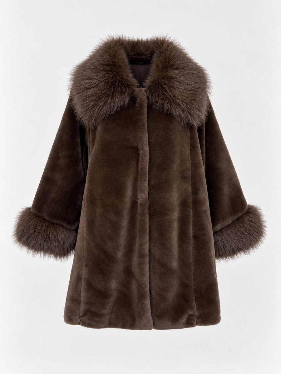 Manteau effet fourrure col châle marron