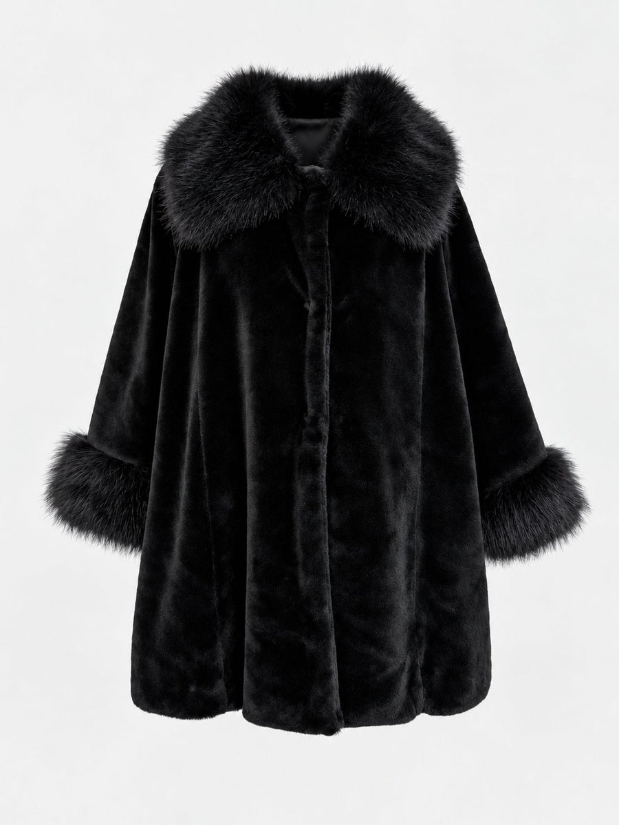 Manteau effet fourrure col châle noir