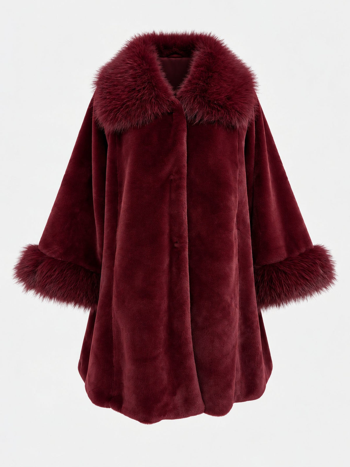 Manteau effet fourrure col châle bordeaux