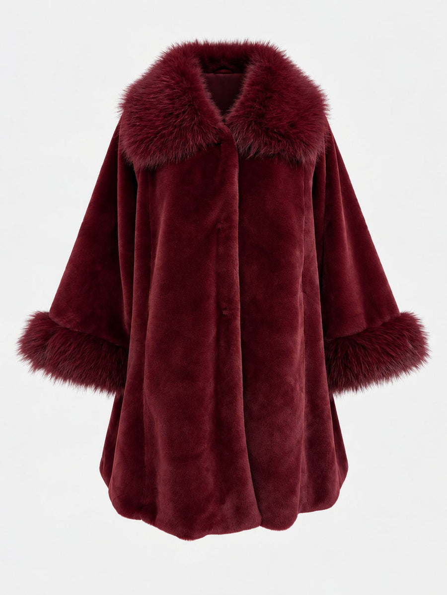 Manteau effet fourrure col châle bordeaux