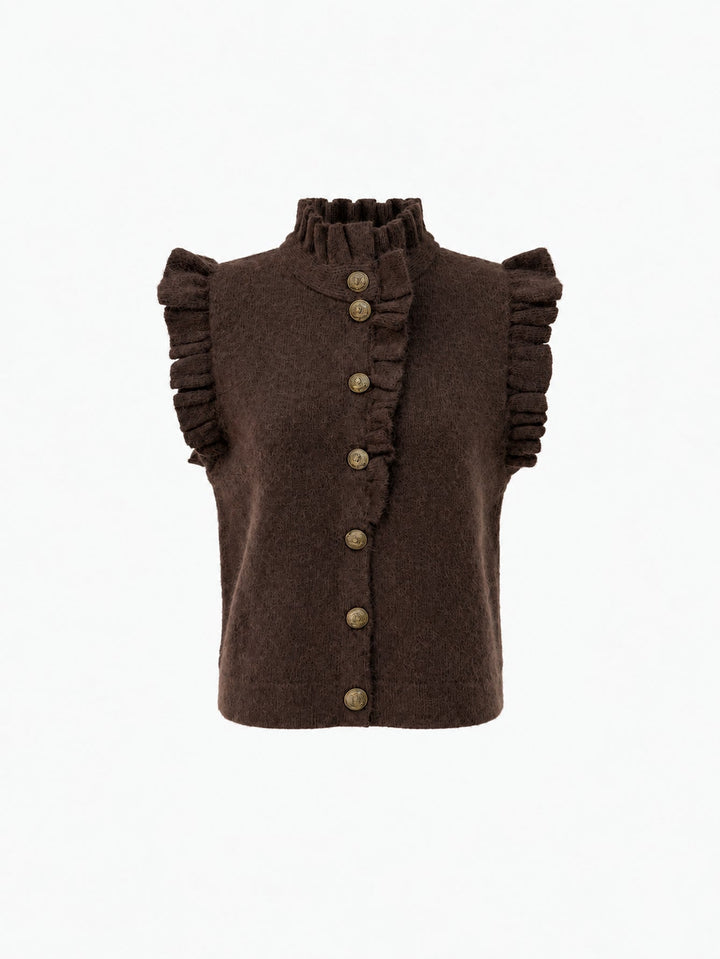 Gilet sans manches en maille à volants marron présenté de face.