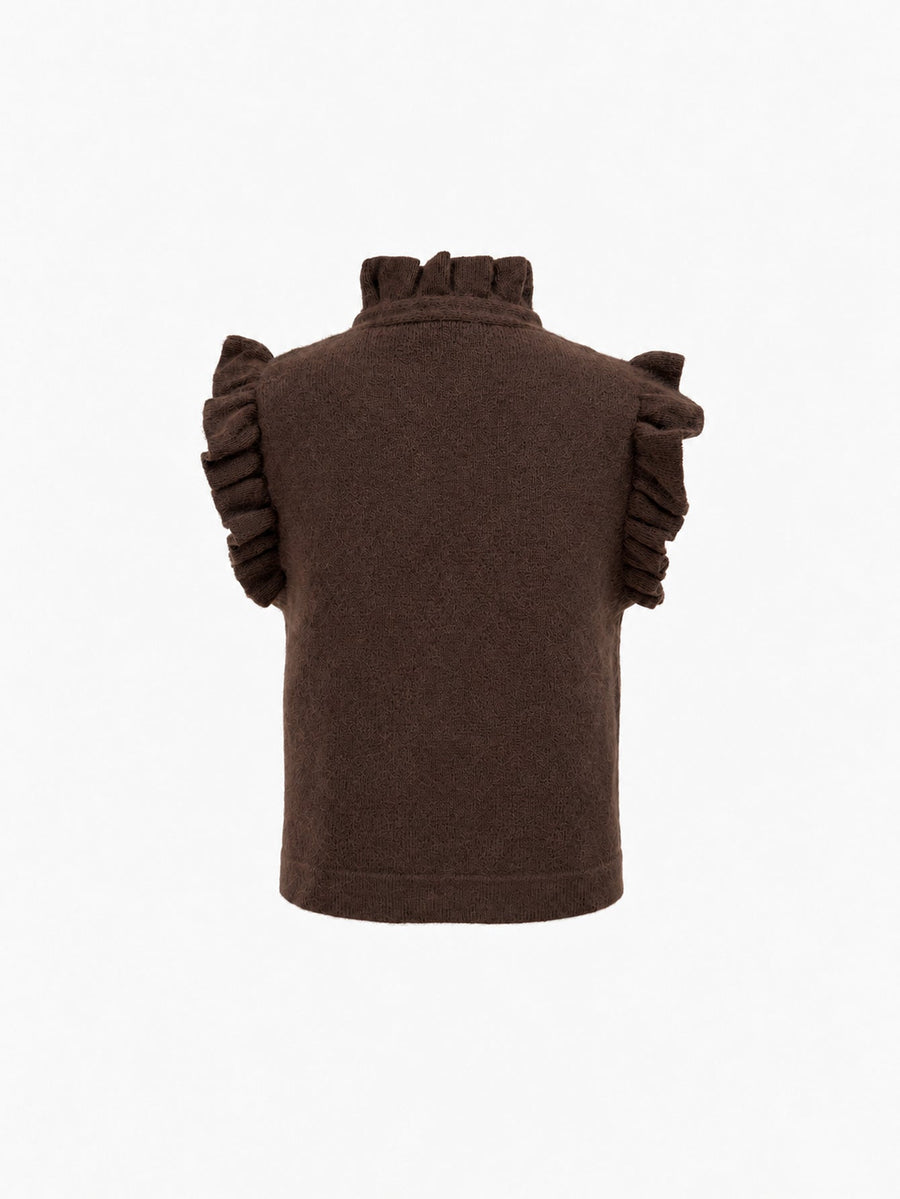 Gilet sans manches en maille à volants marron présenté de dos.