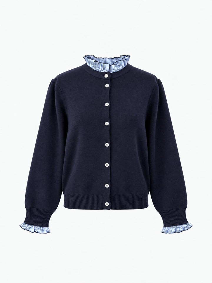 Veste en maille boutonnée en viscose mélangée bleu nuit à finitions bleues, présentée de face.