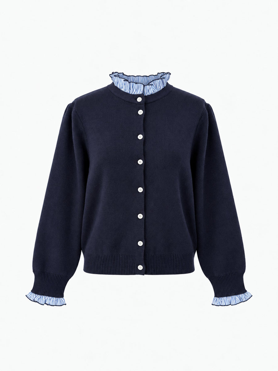 Veste en maille boutonnée en viscose mélangée bleu nuit à finitions bleues, présentée de face.