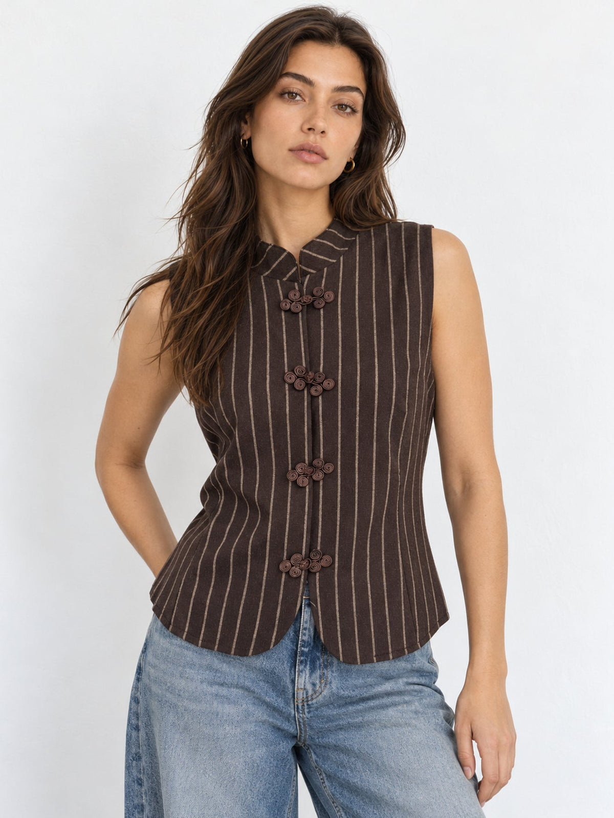 Gilet rayé à col mao marron
